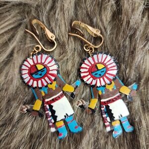 Handpainted Kachina Earrings Clip On Painted Acrylic Native Tribal Southwestern